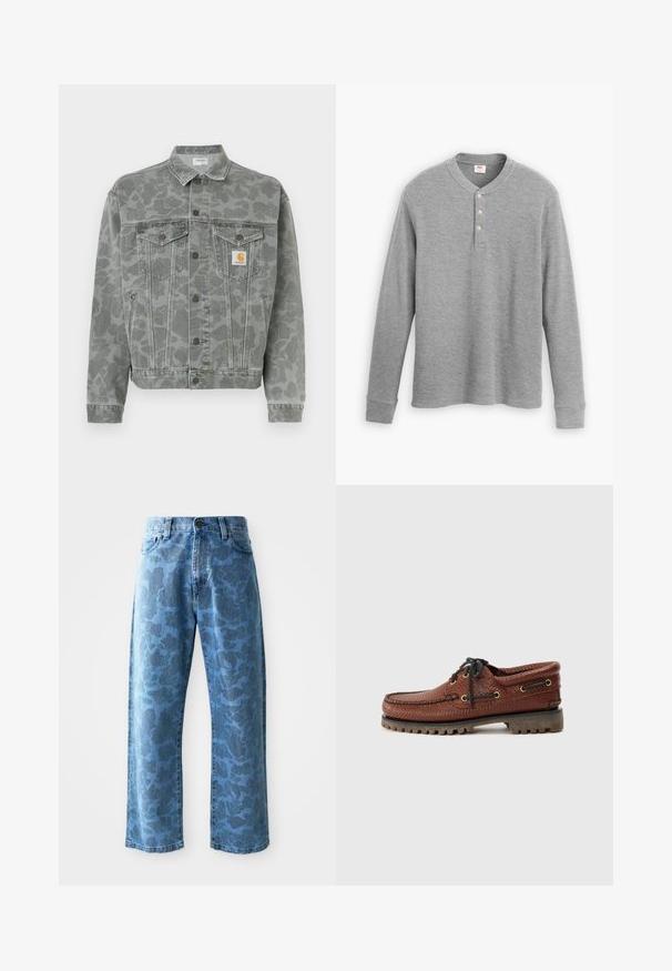 Pilka džinsinė striukė su subtiliu kamufliažiniu raštu, su apykakle, sagomis užsegama priekyje ir krūtinės kišenėmis. Kairėje pusėje logotipo ženklelis.; Pilkos spalvos ilgo rankovėmis henley marškiniai, pagaminti iš banguoto audinio, su trimis mygtukais priekyje ir apvalia iškirpte, šiek tiek prigludusios formos.; Šviesiai mėlyni džinsai su subtiliu toniniu gėlių raštu, plačiomis kojomis, penkiais kišeniais ir užsegimu prie juosmens.; Rudos odinės valtinės bateliai su tekstūruota viršutine dalimi, juoda raištelių sistema ir auksinėmis aklėmis. Yra patvari, griovelio formos guma.