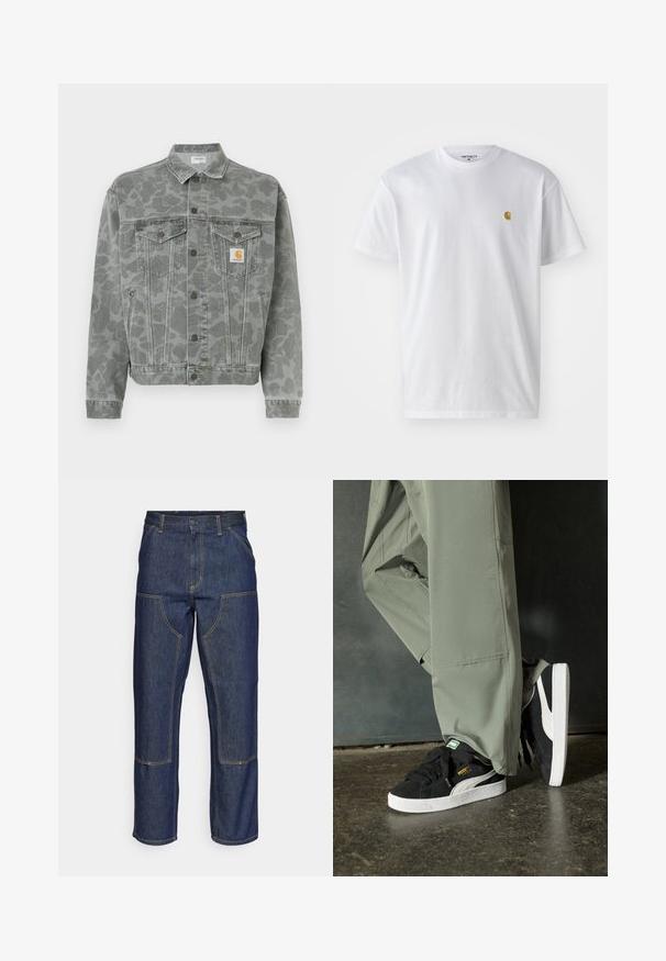 Grå jeansjacka med ett subtilt kamouflagemönster, med krage, knäppning fram och bröstfickor. Logotypmärke på vänster sida.; Vit bomullströja med korta ärmar, rund halsringning, med en liten guldlogotyp på vänster bröstområde. Mjuk textur och vanlig passform.; Mörkblå denimjeans med hög midja, rak bendesign, kontrasterande sömmar och fickor på framsidan.; Svarta mockaskor med vita gummisulor och sidoväggar, kombinerade med ljusgröna cargobyxor, stående på en texturerad mörk yta.