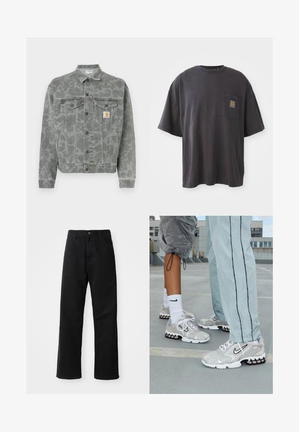 Graue Denimjacke mit subtilm Tarnmuster, featuring einem Kragen, Knopfleiste vorne und Brusttaschen. Logo-Patch auf der linken Seite.; Schwarzes Baumwoll-T-Shirt mit kurzen Ärmeln, rundem Halsausschnitt und einer linken Brusttasche mit einem quadratischen Logo-Patch. Schlichtes und unauffälliges Design.; Schwarze Jeans mit geradem Schnitt, ausgestattet mit Fronttaschen, einem Reißverschluss und einem einzelnen oberen Knopf. Texturiert mit matter Oberfläche.; Nike Sportschuhe aus silbernem Mesh-Material, mit weißen Schnürsenkeln, einem schwarzen Swoosh-Logo und einer schwarzen und roten Luftdämpfungsohle.