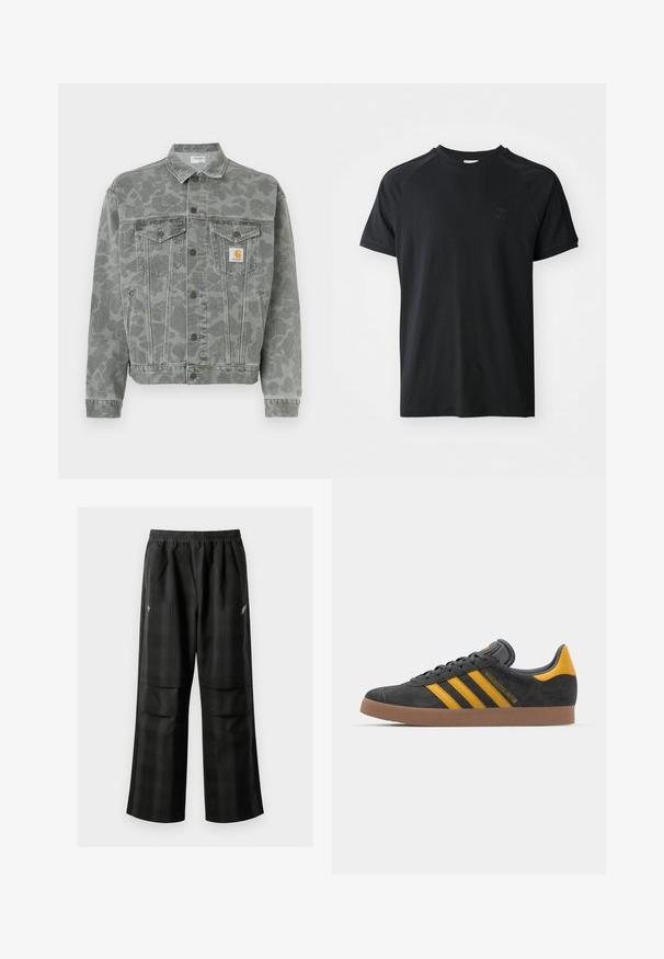 Grå denimjakke med et subtilt kamuflasjemønster, med krage, knappelukking foran og brystlommer. Logoempå venstre side.; Svart bomull t-skjorte med rund hals, korte ermer og raglan-design. Har et teksturert logo på venstre bryst. Glatt finish.; Svarte rutete bukser med elastisk midje, to frontlommer og løs passform med rett ben-design. Laget av lett materiale.; Sort skinnesko i svart semsket skinn med gule detaljer, med tre striper og en brun gummisåle. Inkluderer en polstret tunge for komfort.