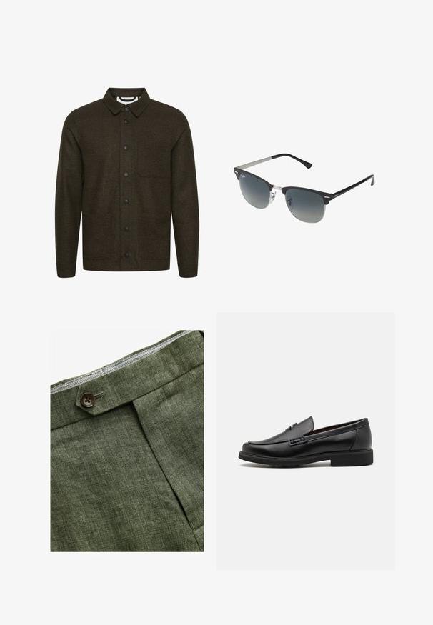 Dunkelgrüne gemusterte Jacke mit einem ausgebreiteten Kragen, vorderer Knopfverschluss und zwei seitlichen Taschen. Mit schwarzen Knöpfen und einem strukturierten Stoff.; Hellblaues Langarmhemd mit Knopfleiste, klassischem Kragen, geradem Saum und subtiler Textur. Mit zentraler Knopfverschluss.; Olivengrüne Leinenhose mit einem Bundfalten, ausgestattet mit einem Knopfverschluss und einem kontrastierenden karierten Futter am Bund.; Schwarze synthetische Slipper mit einer markanten gesteppten Vorderseite, gepolstertem Fußbett und flacher Gummisohle; schlankes Design mit minimaler Detailverarbeitung.; Schwarze und silberne Sonnenbrille mit Katzenaugenform, verlaufenden Gläsern und metallischen Akzenten im Rahmen. Plastische Bügel mit grauen Spitzen.