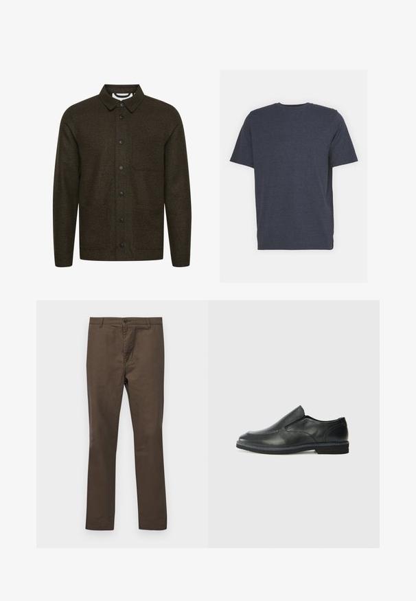 Tamsiai žalia raštuota striukė su plačiu apykakle, priekiniais mygtukais ir dviem šoniniais kišenėmis. Pabrėžti juodi mygtukai ir tekstūruota medžiaga.; Jūrų mėlynos spalvos apvalaus kaklo marškiniai, pagaminti iš minkštos medvilnės mišinio, su trumpomis rankovėmis ir įprastu kirpimu. Nėra matomų raštų ar akcentų.; Rudos medvilnės kelnės su tiesiu siluetu, turi mygtukų užsegimą ir diržo kilpas, lygus paviršius be raštų ar akcentų.; Juodai odiniai įtvirtinimo batai su lygiu paviršiumi, siuvinėjimo akcentais, apvalia nosimi ir žemu guminiu kulnu. Pado raštas minimalus.