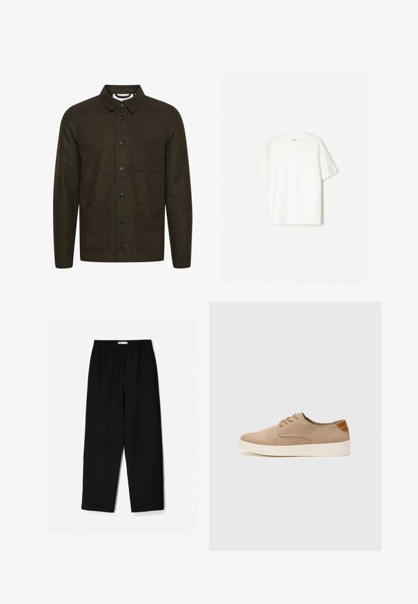 Giacca a motivo verde scuro con colletto a scialle, chiusura frontale con bottoni e due tasche laterali. Presenta bottoni neri e un tessuto texture.; T-shirt bianco a maniche corte, realizzato in cotone morbido. Design a girocollo con una vestibilità comoda e senza loghi o motivi visibili.; Pantaloni neri a gamba larga realizzati in un tessuto leggero. Presentano una vita elasticizzata e una texture liscia. Senza motivi visibili o accessori.; Sneaker in suede beige con punta arrotondata, stringhe davanti e un accento testurizzato sul retro. La suola in gomma bianca offre un contrasto. Design semplice e moderno.