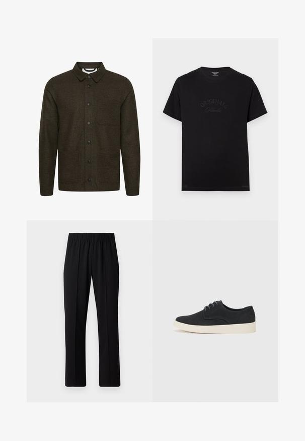 Dunkelgrüne gemusterte Jacke mit einem ausgebreiteten Kragen, vorderer Knopfverschluss und zwei seitlichen Taschen. Mit schwarzen Knöpfen und einem strukturierten Stoff.; Schwarzes Baumwoll-T-Shirt mit kurzen Ärmeln und rundem Halsausschnitt. Auf der Vorderseite befindet sich der Schriftzug "ORIGINALS Studio" in eingeprägten, tonalen Buchstaben.; Schwarze, Gummibund-Hosen mit geradem Schnitt, die eine glatte Textur aufweisen und keine sichtbaren Muster oder Beschläge haben.; Schwarzes Wildleder-Schnürschuh mit runder Spitze, leichtem cremfarbenem Sohlen und dezenten blauen Stickakzenten auf dem Obermaterial.