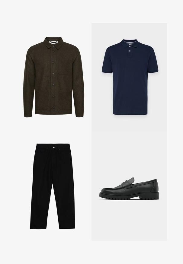 Veste à motifs vert foncé avec un col ouvert, fermeture à boutons à l'avant et deux poches latérales. Présente des boutons noirs et un tissu texturé.; Polo-shirt bleu marine à manches courtes en coton, avec un col à trois boutons et des rayures horizontales subtiles sur le col.; Pantalons en denim noir avec une coupe droite, un design à cinq poches et une fermeture à bouton à l'avant. Texture lisse avec des détails de couture minimaux.; Mocassins en cuir noir à bout arrondi, avec un design cousu, une semelle plateforme basse et une semelle en caoutchouc texturée et crantée.