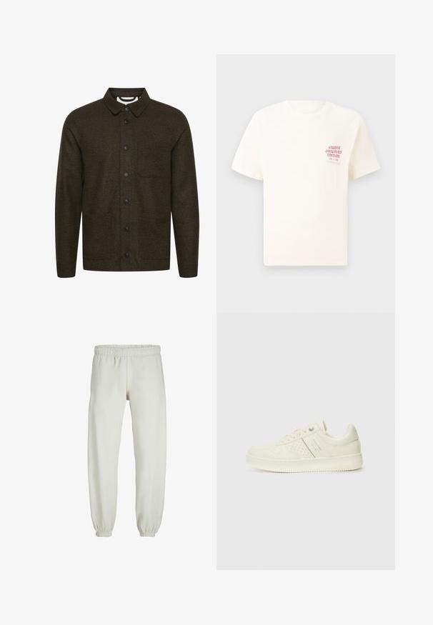 Sötétzöld mintás dzseki, széles gallérral, elöl gombos záródással és két oldalsó zsebbel. Fekete gombokkal és textúrált anyaggal rendelkezik.; Fehér, rövid ujjú póló, bal mellen piros szöveggel "Studio Originals Edition", semleges szürke háttér előtt.; Fehér melegítőnadrág, puha anyagból készült, rugalmas derékrésszel és mandzsettával, sima tapintású és laza szabású.; Krém színű sneaker perforált részletekkel, fűzőkkel és logóval az oldalán, egy sima fehér háttér előtt kiállítva.