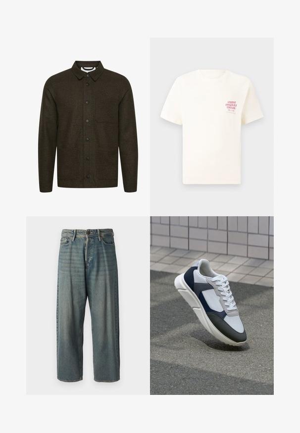 Ciemnozielona kurtka w wzory z kołnierzem rozkładanym, z przodu na guziki i dwoma bocznymi kieszeniami. Posiada czarne guziki oraz teksturowany materiał.; Biała koszulka z krótkim rękawem z czerwonym napisem "Studio Originals Edition" po lewej stronie klatki piersiowej, wyeksponowana na neutralnym szarym tle.; Jasnoniebieskie dżinsy o luźnym kroju, średnim stanie i prostych nogawkach. Posiadają pięć kieszeni, szlufki na pasek oraz zapięcie na guzik.; Białe, granatowe i szare sneakersy o mieszanej konstrukcji, z teksturowanym wierzchem, płaskimi sznurowadłami i amortyzowaną podeszwą.