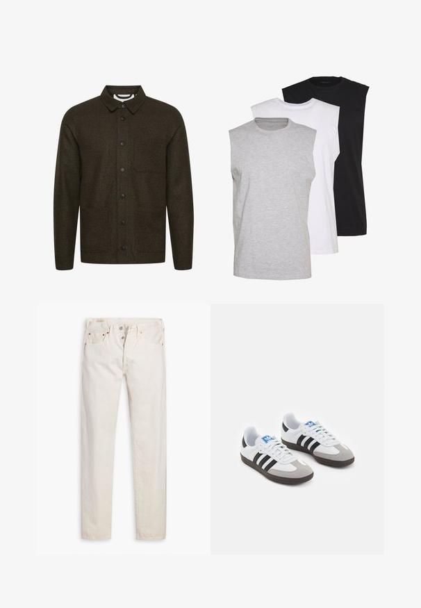 Veste à motifs vert foncé avec un col ouvert, fermeture à boutons à l'avant et deux poches latérales. Présente des boutons noirs et un tissu texturé.; Trois t-shirts sans manches en gris, blanc et noir. Tissu en coton doux avec un col rond et une coupe décontractée. Design simple, sans motifs.; Jeans slim-fit taille haute couleur écru avec fermeture à boutons, cinq poches et rivets en cuivre, posés à plat sur un fond blanc.; Baskets avec une tige en cuir blanc, un bout en daim gris et trois bandes noires. Présente un logo bleu sur la languette et une semelle en caoutchouc texturée.