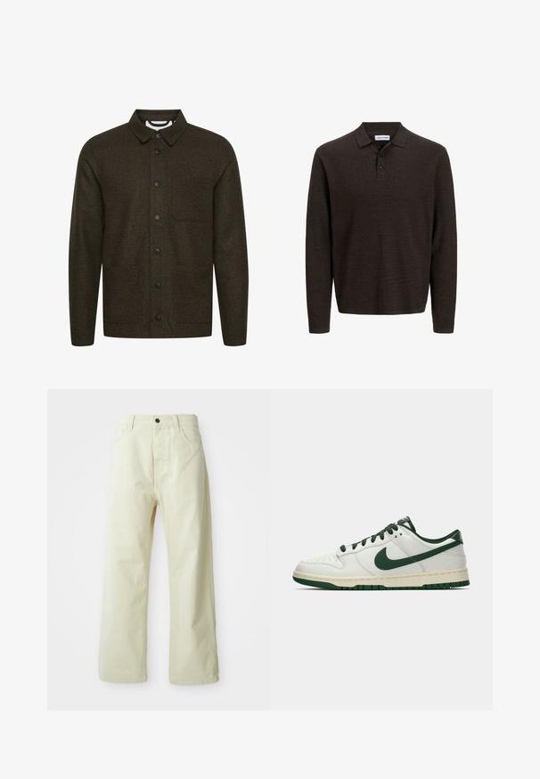 Dunkelgrüne gemusterte Jacke mit einem ausgebreiteten Kragen, vorderer Knopfverschluss und zwei seitlichen Taschen. Mit schwarzen Knöpfen und einem strukturierten Stoff.; Braunes Langarm-Poloshirt aus strukturiertem Stoff. Mit klassischem Kragen und drei vorderen Knöpfen. Freizeitlicher Schnitt mit gerippten Bündchen.; Hellgelbe, weit geschnittene Jeanshose aus Denim mit einem vorderen Knopfverschluss, fünf Taschen und geradlinigem, unaufgeregtem Design.; Weiße Low-Top-Sneaker mit dunkelgrüner Nike-Swoosh, Schnürsenkeln und Akzenten an der Sohle, im Profil auf einem schlichten weißen Hintergrund abgebildet.