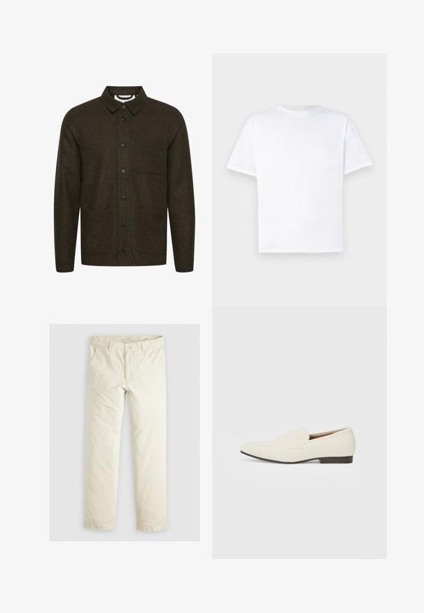 Mørkegrønn mønstrete jakke med spredt krage, frontlåsing med knapper og to sidet lommer. Har svarte knapper og et teksturert stoff.; Hvit bomulls t-skjorte med rund hals og korte ermer. Glatt tekstur, rett snitt, ingen mønstre eller detaljer. Kun baksidevisning.; Lys beige løse bukser med tre lommer, beltestropper og rett ben-design. Laget av et mykt bomullsblandingsstoff.; Lyse beige loafers med spiss tå, glatt materiale, en stropp over vampsen, og en lav brun såle. Enkel design med minimale detaljer.