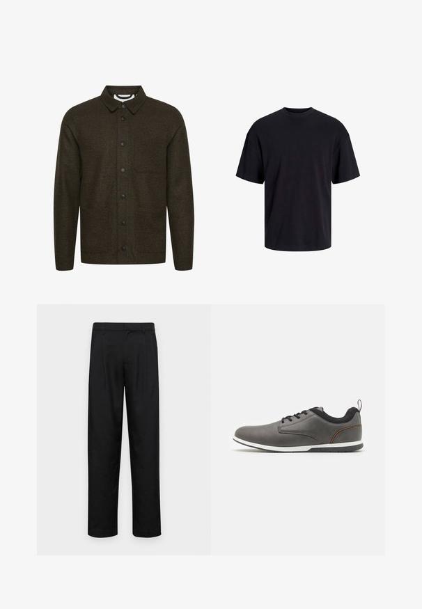 Dark green patterned jacket with a spread collar, front button closure, and two side pockets. Features black buttons and a textured fabric.; Black cotton t-shirt with a crew neckline, short sleeves, and a relaxed fit. Smooth texture and no visible patterns or accents.; Black trousers made of smooth fabric, featuring a straight-leg design, two front pleats, and standard waistband with belt loops.; Gray leather shoes with black accents, featuring a rounded toe, lace-up design, white sole, and a small pull tab at the heel.