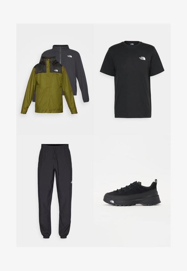 Dvoje bundy vystavené: zelená nepremokavá bunda s čiernym golierom a logom a tmavosivá softshellová bunda so zipsom.; Čierne bavlnené tričko s krátkymi rukávmi, klasickým výstrihom a malým bielym logom na ľavej hrudi. Jednoduchý dizajn, hladká textúra a voľný strih.; Čierne športové nohavice vyrobené z ľahkej tkaniny, s elastickým pásom na šnurovanie, bočnými vreckami a zúženými manžetami na členkoch.; Čierne vonkajšie tenisky so zvrškom z semišu, štruktúrovanou gumovou podrážkou a pevným šnurovaním. Obsahujú vystužený opätok a logo značky na boku.