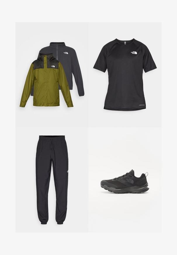 Dva prikazana jakna: zelena vodootporna jakna s crnim ovratnikom i logom, te tamnosiva softshell jakna sa zatvaračem.; Crna kratkotrajna atletska majica s teksturiranom tkaninom, koja ima bijeli logo na lijevom prsnom dijelu i ravni rub.; Crne sportske hlače od lagane tkanine, s pojasom na vezanje, bočnim džepovima i suženim manžetama na gležnjevima.; Crne sportske tenisice s mrežastim gornjim dijelom, gumiranom potplatom i podstavljenim rubom. Imaju vezice, logo sa strane i teksturirani dizajn.