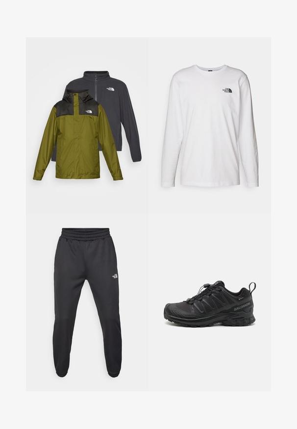 Twee jassen tentoongesteld: een groene waterproof jas met een zwarte kraag en logo, en een donkergrijze softshell jas met een rits.; Witte lange mouwen T-shirt gemaakt van katoen met een ronde hals. Beschikt over een klein zwart logo op de borst. Soepele textuur, normale pasvorm.; Zwarte sweatpants met een trekkoord in de taille, tapered fit, elastische boorden en een klein wit logo op de linker dij, gemaakt van gladde stof.; Zwarte sportieve schoen met een gestructureerde synthetische bovenkant, een gevoerde zool en een snelvetersysteem. Heeft een verstevigde neus en hiel.