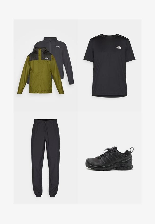 Du pristaikytos striukės: žalia vandeniui atspari striukė su juodu apykakle ir logo, ir tamsiai pilka minkšta striukė su užtrauktuku.; Juodas trumpas rankovės marškinėliai, pagaminti iš lengvos medžiagos. Yra mažas baltas logotipas kairiajame krūtinės pusėje ir subtilūs pečių akcentai.; Juodos sportinės kelnės, pagamintos iš lengvos medžiagos, su raišteliu liemens srityje, šoniniais kišenėmis ir siaurėjantys apykaklės prie kulkšnies.; Juodas sportinis batas su tekstūruotu sintetiniu apvalkalu, paminkštintu padu ir greito užrišimo sistema. Yra sustiprinta nosis ir kulnas.