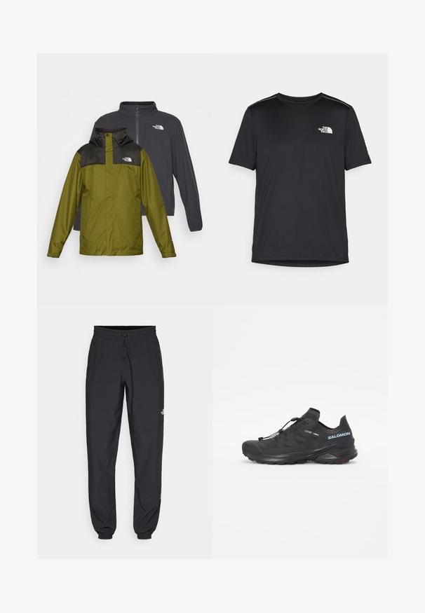 Dva prikazana jakna: zelena vodootporna jakna s crnim ovratnikom i logom, te tamnosiva softshell jakna sa zatvaračem.; Crna majica kratkih rukava izrađena od lagane tkanine. Ima mali bijeli logo na lijevoj strani grudi i suptilne naglaske na ramenima.; Crne sportske hlače od lagane tkanine, s pojasom na vezanje, bočnim džepovima i suženim manžetama na gležnjevima.; Crne trail tenisice za trčanje s teksturiranim gornjim dijelom, elastičnim vezicama i Contagrip potplatom. Imaju uski fit i zaštitni vrh.
