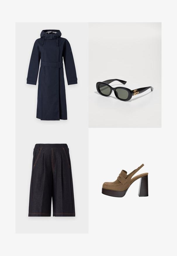 Granatowy płaszcz przeciwdeszczowy z wysokim kołnierzem, długimi rękawami, regulowanym kapturem i paskiem w talii. Wykonany z gładkiego, wodoodpornego materiału.; Koszula zapinana na guziki w miękkim różowym materiale z geometrycznym wzorem diamentów i trójkątów w stonowanej szarości i czerni. Długie rękawy, klasyczny kołnierzyk.; Ciemnoszare szorty wykonane z miękkiego materiału, z plisami i pomarańczowymi akcentami szycia. Elastyczny pasek w talii dla komfortu, do kolan.; Brązowe zamszowe platformy na obcasie z grubym, żebrowanym słupkiem i szerokim paskiem na górze, ze zaokrąglonym noskiem.; Czarne plastikowe okulary przeciwsłoneczne z zielonymi soczewkami, o owalnym kształcie i złotym logo na zausznikach. Gładka faktura i błyszczące wykończenie.