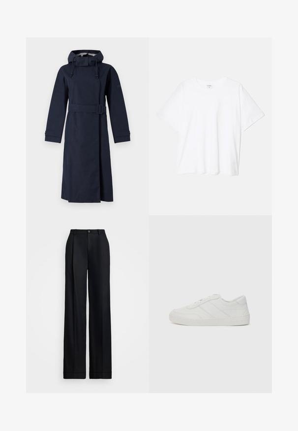 Capa de chuva azul-marinho com um colarinho alto, mangas longas, capuz ajustável e cintura com cinto. Feita de um material liso e resistente à água.; T-shirt de algodão branco com mangas curtas, decote redondo, corte descontraído e bainha cosida. Etiqueta visível no interior do pescoço.; Calças largas pretas com um acabamento suave, frente plana, passantes para cinto e fecho de botão único na cintura.; Sapatilha de couro branco com atacadores planos, bico arredondado e detalhes de costura subtis. Apresenta uma sola texturizada e um logótipo da marca em relevo no calcanhar.