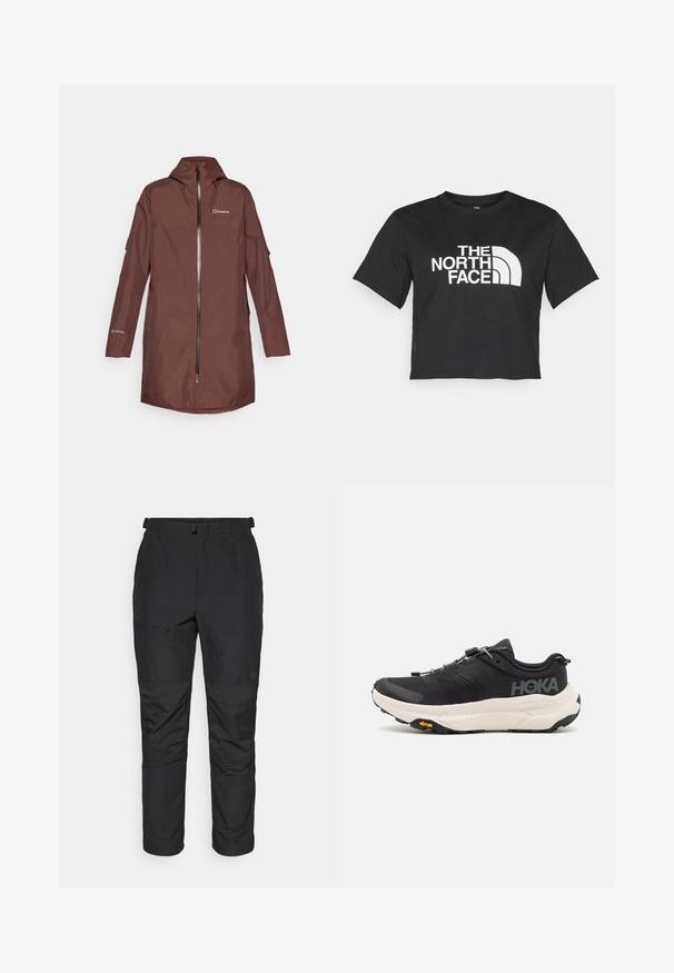 Brown waterproof jacket with a hood, full-length zipper, and two side pockets. Features logo on the chest and GORE-TEX branding on the sleeve.; Black cropped t-shirt made of cotton, featuring a white logo with curved accents and text "THE NORTH FACE" on the front. Short sleeves, crew neck.; Black outdoor pants made of lightweight material, feature a smooth texture, elastic waist, zip pocket, and panel detailing on lower legs.; Black athletic shoes with a breathable mesh upper, rubber outsole, white cushioning midsole, and reflective laces. Vibram logo on outsole.