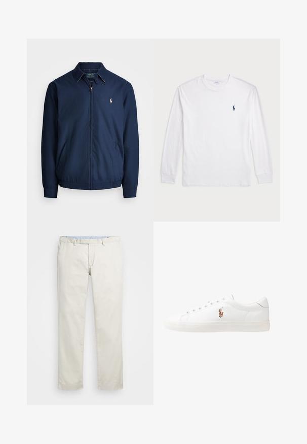 Jaqueta com fecho éclair em azul-marinho, com colarinho, bolsos frontais, punhos elásticos e um pequeno logótipo bordado no peito. Textura de tecido suave.; Camisola de manga longa branca feita de algodão. Apresenta um decote redondo, punhos canelados e um pequeno logótipo de polo azul-marinho no lado esquerdo do peito.; Chinos de algodão bege com frente plana, passantes para cinto e bolsos laterais. Design de perna reta com uma textura suave e uma sensação leve e respirável.; Sapatilhas de couro brancas, design de cano baixo, com textura suave, biqueira redonda, atacadores à frente e um pequeno logótipo bordado na lateral.