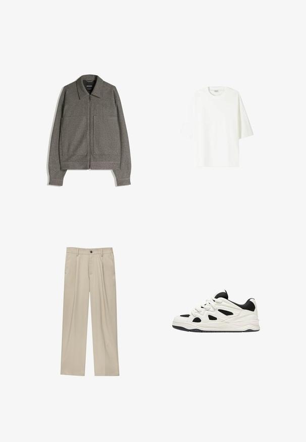 Grijze zip-up jack met een puntige kraag, twee grote voorzakken en een gestructureerde stof; ontworpen met wijde mouwen en een relaxte pasvorm.; Witte kortekost T-shirt van katoen, met een ronde halslijn en een relaxed fit met rechte zoom.; Beige broek met een rechte snit, voorzien van een enkele zwarte knoop, riemlussen en zijzakken. Glad stoffen textuur en een minimalistisch ontwerp.; Witte en zwarte sportschoenen met een gestructureerde zool, voorzien van uitsnijdingen aan de zijkanten en veters, en een gevoerde achterkant voor ondersteuning.