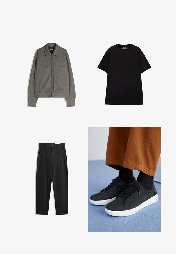 Giacca grigia con zip e colletto appuntito, due grandi tasche frontali e un tessuto testurizzato; progettata con maniche ampie e una vestibilità rilassata.; PULL&BEAR JOIN LIFE - T-shirt basic - black; Pantaloni in cotone neri con una vestibilità rilassata, dotati di una vita classica, pieghe frontali e tasche laterali. Tessuto liscio senza fantasie.; Sneakers in suede nera con suole in gomma bianca, dotati di un design con lacci, accenti testurizzati e branding sottile, abbinati a pantaloni marroni.