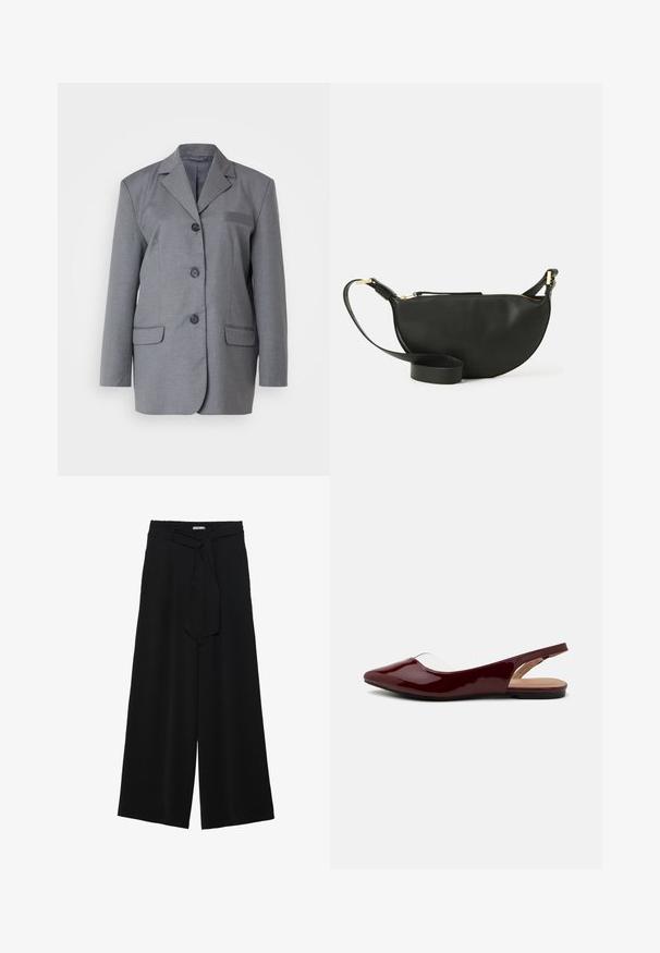 Blazer grigio realizzato in tessuto testurizzato, con revers a punta, chiusura a tre bottoni e due tasche anteriori. Design semplice e su misura.; Top bianco con un colletto alto e volant e maniche lunghe. Presenta una texture arricciata sul davanti e un tessuto liscio sulle maniche.; Pantaloni neri a gamba larga caratterizzati da un tessuto testurizzato, una vita elastica e una cintura staccabile per una vestibilità regolabile.; Ballerine slingback in vernice bordeaux con punta appuntita, intaglio trasparente e suola nera piatta. Texture liscia, design minimalista.; Borsa a tracolla in pelle nera a forma di mezzaluna, superficie texturizzata, zip dorata e tracolla piatta. Design compatto adatto per gli essenziali.; Orecchini in metallo argento con un design ondulato e scultoreo, caratterizzati da una finitura lucida e forme irregolari, che evidenziano un'estetica contemporanea.
