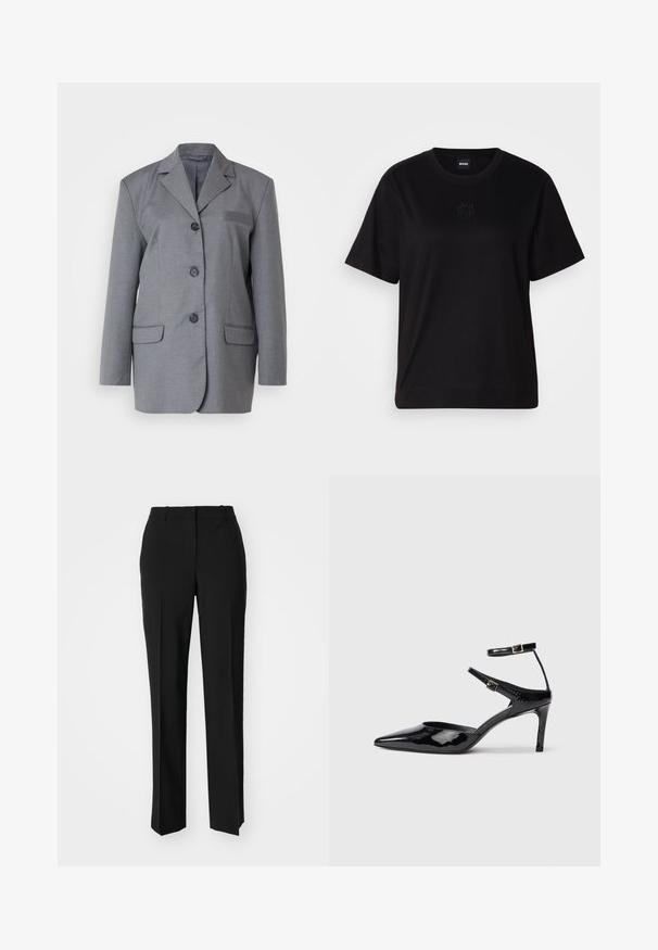 Pelēks žakets, kas izgatavots no teksturēta auduma, ar izgriezumu pie apkakles, trīs pogu aizdari un divām priekšējām kabatām. Vienkāršs un pielāgots dizains.; Melna kokvilnas T-krekls ar apaļu izgriezumu, īsām piedurknēm un izšūtu logotipu uz krūtīm. Vienkāršs, brīvs piegriezums bez rakstiem.; Melnas pielāgotas bikses ar taisnu kāju dizainu, kas raksturojas ar gludu faktūru un asiem krokām pa priekšu. Nav redzamu metāla detaļu.; Melnas lakuotas ādas apavus ar smailu purngalu, regulējamiem potīšu siksniņām un šahtu papēdi. Gluda tekstūra ar spīdīgu apdari.