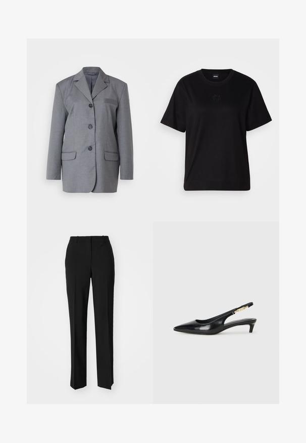 Blazer cinza feito de tecido texturado, apresentando lapela com corte em ponta, fechamento de três botões e dois bolsos frontais. Design simples e ajustado.; T-shirt de algodão preto com decote redondo, mangas curtas e um logótipo bordado no peito. Corte simples e descontraído, sem padrões.; Calças pretas de corte ajustado com um design de perna reta, apresentando uma textura lisa e pregas bem definidas na frente. Sem hardware visível.; Saltos slingback em couro preto com bico fino, apresentando um salto esguio e um detalhe em tom dourado na alça ajustável. Textura suave.