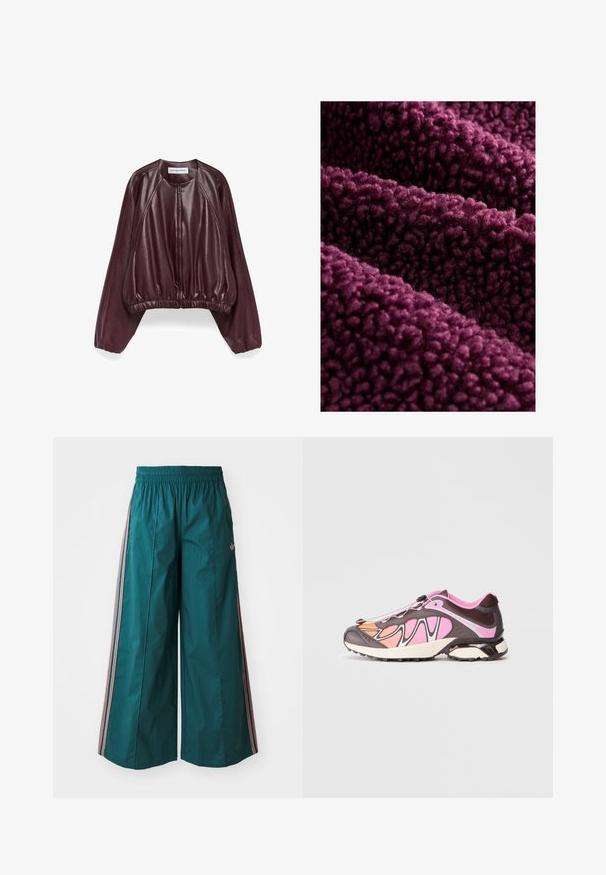 Bordeaux leren bomberjack met een ronde hals, ritsluiting en oversized, geplooide mouwen. Glad textuur met een cropped pasvorm.; Diep paarse fleece stof met een donzige textuur, met een zachte, gekrulde oppervlakte en een dichte, pluche uitstraling. Meerdere lagen hangen op een natuurlijke manier.; Lange mouwen maroon velours polo shirt met witte kraag, knoopsluiting, getextureerde verticale strepen, Adidas-logo en witte zijstrepen.; Teal wijde broek met een elastische tailleband, voorzien van gestreepte accenten in roze en wit aan de zijkanten, gemaakt van lichte stof.; Sport schoen met een mix van donkerbruin, roze en oranje kleuren. Glad materiaal en textuuroverlays met een zwart bevestigingssysteem.