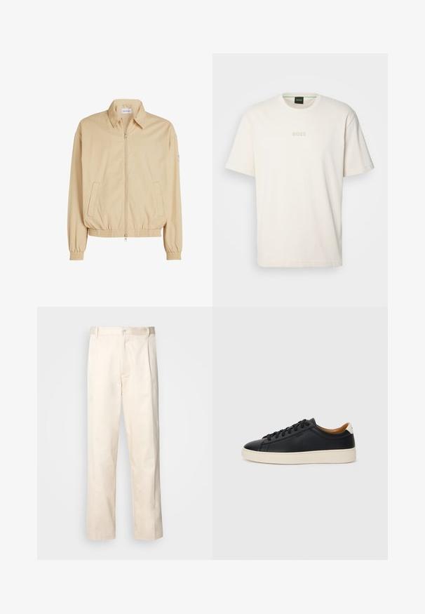 Calvin Klein Jeans LINEAR HARRINGTON - Jachetă de vară - pale khaki; BOSS TEE - Tricou basic - open white; Pantaloni din bumbac bej, cu croială dreaptă, dotati cu închidere cu nasture și pliuri în față pentru un plus de detaliu.; Căști din piele neagră cu o textură netedă, talpă din cauciuc bej, design cu șireturi și un accent contrastant la călcâi.