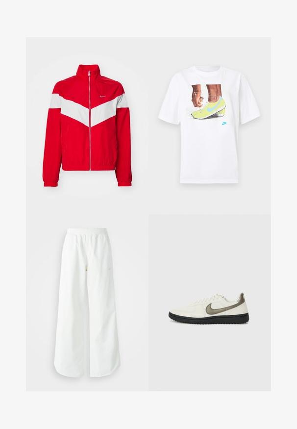 Punane tuulekindel jakk kõrge kraega, eeskattega, valge chevroni disainiga ning elastsete mansettide ja servadega. Valmistatud kergest materjalist.; Valge puuvillane T-särk, millel on kollaste Nike jalatsite ja siniste aktsentidega jalgade graafika, kombineeritud vasakul randmel oleva käevõruga.; Valged laiad spordipüksid, ribadega vöökoht ja diskreetne logosümbol. Sile kangas, lõdvestatud istuvus ja kitsenev ääreosa.; Nike Sportswear FIELD GENERAL - Tossud - off-white/black