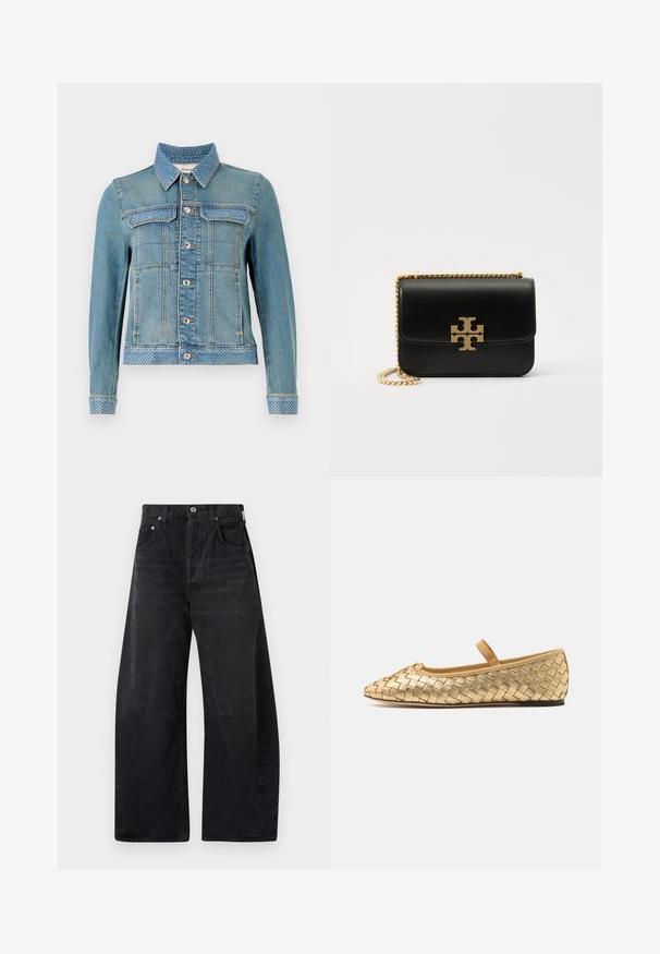 Šviesiai mėlyna džinsinė striukė su taškuoto apykakle, dviem krūtinės kišenėmis, sidabriniais mygtukais ir mėlynomis taškuotomis detalėmis ant apykaklės ir rankogalių.; Šviesiai mėlynas trumpomis rankovėmis polo marškinėliai su ribota tekstūra, plokščiu apykakle ir priekinėmis sagomis, kuriose yra šešios tos pačios spalvos sagos.; Citizens of Humanity HORSESHOE - Laisvo kirpimo džinsai - black; Loeffler Randall LEONIE SOFT BALLET FLAT - Balerinos tipo bateliai su dirželiu ties kulkšnimi - gold; Juodas odinis rankinė su auksinės spalvos grandine ir logotipo akcentu. Turi stačiakampio formą su užlenkiama sklende. Lygus paviršius.