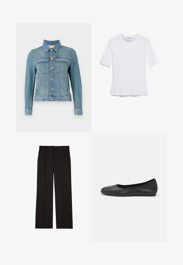 Hele sinine teksajakk, millel on punktkaelus, kaks rinna taskut, hõbedased nupud ning täpilised sinised aktsendid kaeluses ja varrukates.; Valge lühikeste varrukatega T-särk ribatud kangast. Ümara kaelusega, tavalisest sobivusest ja peente õmbluse detailidega. Ilma mustrite või graafikateta.; Mustad kohandatud püksid sujuvast kangast, sirge jala disainiga ja kahe küljetaskuga. Elegantne ja minimalistik ehitus.; Musthave mustika tantsutossud mustast nahast, ümmarguse varbaga, siledast tekstuurist, minimaalse õmblusdetailiga ja paindliku tallakujundusega.