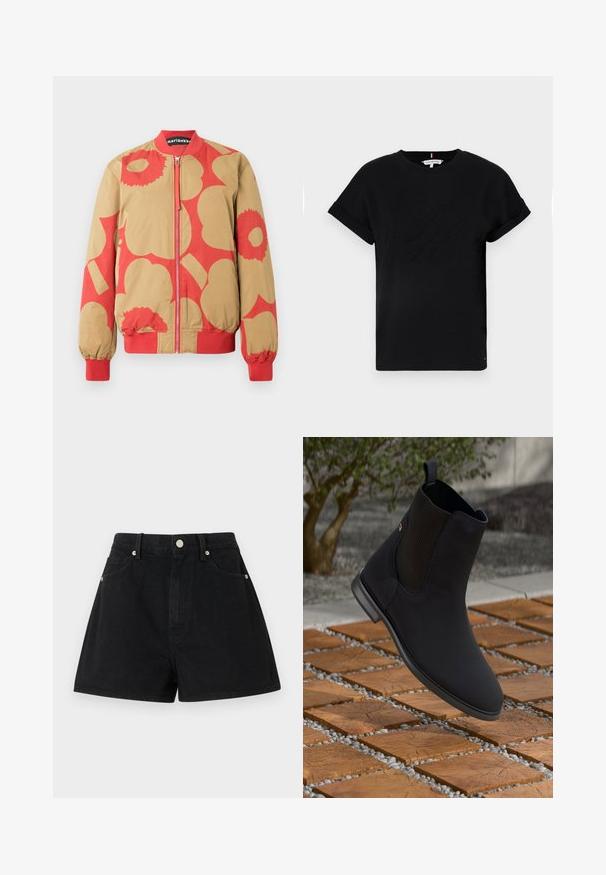 Bomber bunda s béžovým a červeným květinovým vzorem, s uzavíráním na zip a žebrovanými manžetami. Vyrobena z hladké látky.; Černé bavlněné tričko s krátkými ohrnutými rukávy, se vzorovým logem uprostřed a malým akcentem vlajky na boku.; Černé džínové šortky s vysokým pasem, pěti kapsami, stříbrnými detaily a standardním střihem, s hladkým povrchem a čistým provedením.; Černé kotníkové boty s elastickými postranními panely levitující nad dřevěnými čtvercovými dlaždicemi s oblázky v venkovním prostředí.