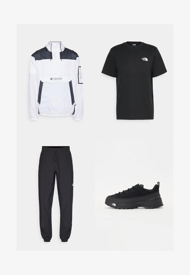 Chaqueta cortavientos blanca y azul marino con cremallera media en el frente, capucha ajustable y dos bolsillos laterales. Presenta un logotipo en el pecho.; Camiseta de algodón negro con mangas cortas, cuello redondo y un pequeño logo blanco en el lado izquierdo del pecho. Diseño simple, textura suave y ajuste relajado.; Pantalones deportivos negros hechos de un tejido ligero, con una cinturilla ajustable, bolsillos laterales y puños ajustados en los tobillos.; Zapatilla negra de exterior con parte superior de ante, suela de goma texturizada y un sólido sistema de cordones. Cuenta con un talón reforzado y el logotipo de la marca en el lateral.