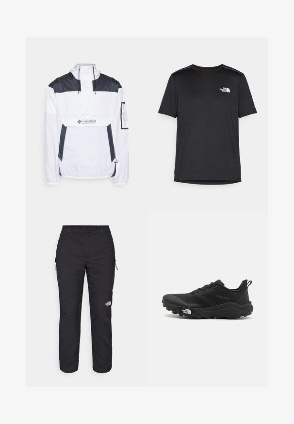 Valge ja mereväe sinine tuulejope, millel on pool tõmblukk ees, reguleeritav kapuuts ja kaks külge taskut. Rinna peal on brändi logo.; Must mustaöödiga must T-särk, mis on valmistatud kerge riidekanga. Esiküljel on vasakul rinnal väike valge logo ning õlgadel on peened aktsendid.; The North Face WINTER EXPLORATION TAPERED CARGO - Õuepüksid - black; Must tume jooksujalats musta värvi, tekstuurse ülemise osaga, kummist tallaga ja tugevdatud varbaga. Omab pehmendusega krae ja tõmblinti mugavaks selga panemiseks.