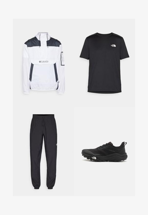 Jachetă de tip windbreaker albă și bleumarin, cu fermoar pe jumătate în față, glugă ajustabilă și două buzunare laterale. Prezintă branding pe piept.; Tricou negru cu mânecă scurtă, realizat dintr-un material ușor. Prezintă un mic logo alb pe pieptul stâng și accente subtile pe umeri.; Pantaloni atletici negri, confecționați dintr-un material ușor, cu un tiv elastic la talie, buzunare laterale și tivuri ajustate la gleznă.; Pantofii de alergare pe teren accidentat, de culoare neagră, cu un superior texturat, talpă din cauciuc și vârf întărit. Prezintă un guler căptușit și o bandă de prindere pentru îmbrăcare ușoară.