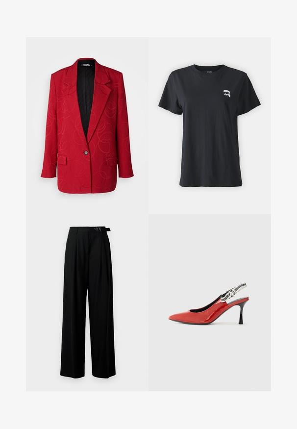 KARL LAGERFELD Īss mētelis - persian red; Melna kokvilnas T-kreklu ar īsām piedurknēm un apaļu kakla izgriezumu. Uz krūšu daļas ir neliela balta grafika. Gluda tekstūra, ikdienas piegriezums.; Melni plaši bikses ar augsto jostasvītru, priekšā ar krokojiem un jostu ar sprādzi. Izgatavotas no gludas, vieglas auduma.; Sarkans patentā ādas slingback kurpes ar smailu purngalu, melnu papēdi un dekoratīvu auduma jostu ar atkārtotu logotipa rakstu.