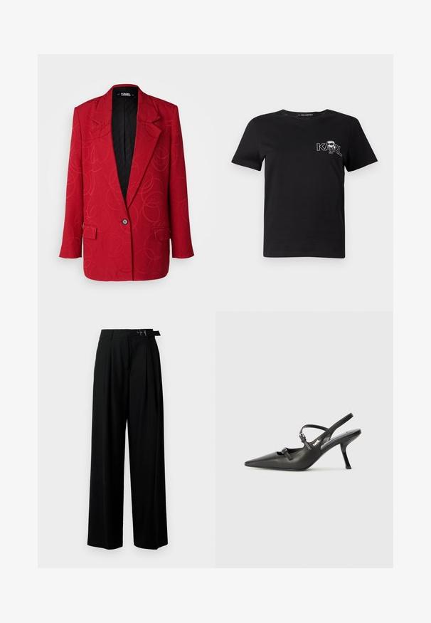 KARL LAGERFELD Kratek plašč - persian red; Črna kratka majica s slevenami iz bombaža. Opremljena z belo grafiko z besedilom "KARL" in stilizirano postavo na prsih. Okrogla ovratnica.; Črne široke hlače z visokim pasom, gubami spredaj in pasom z zaponko. Narejene so iz gladkega, lahkega materiala.; Črne usnjene sandale na peto s koničastim nosom, vitko peto in okrasno zaponko na sprednjem delu. Gladka tekstura in eleganten dizajn.