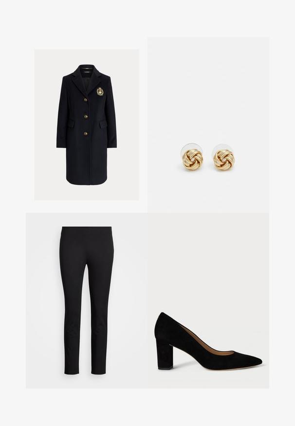 Παλτό σε μπλε ναυτικό χρώμα από μείγμα μαλλιού με γιακά με υποδοχή, χρυσά κουμπιά και λεπτομέρεια με έμβλημα. Διαθέτει δύο μπροστινές τσέπες και εφαρμοστό σχήμα.; Κρεμ τοπ με κοντά μανίκια και λαιμόκοψη σκάφος, κατασκευασμένο από απαλό ύφασμα. Διαθέτει γυρισμένα μανίκια και στενή εφαρμογή.; Μαύρο κολάν φτιαγμένο από ελαστικό υλικό, με λεπτή εφαρμογή και ομαλή υφή χωρίς εμφανή σχέδια ή λεπτομέρειες.; Μαύρο σουέτ ψηλοτάκουνο παπούτσι με μυτερή μύτη και τετράγωνο τακούνι. Ο σχεδιασμός διαθέτει λεία υφή και κλασική σιλουέτα.; Σκουλαρίκια σπιράλ σε χρυσό τόνο με πλεγμένο σχέδιο. Κάθε σκουλαρίκι διαθέτει κυκλική διαφανή βάση για ασφαλή εφαρμογή.