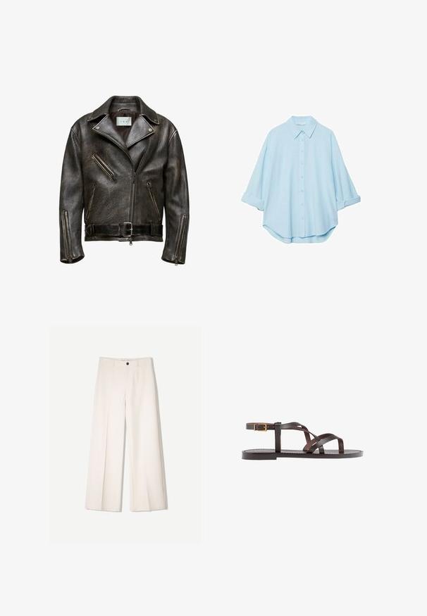Hnedá kožená motorkárska bunda s textúrovaným povrchom, asymetrickým zipsom a viacerými zipsovými vreckami; obsahuje opasok v páse a široký golier.; Svetlomodrá košeľa z jemnej látky, s klasickým golierom, zapínaním na gombíky v prednej časti a vyhrnutými rukávmi pre uvoľnený strih.; Krémové široké nohavice s nohavicami na mieru, s dvoma prednými vreckami a jedným predným zapínaním na gombík, vyrobené z hladkej tkaniny.; Hnedé kožené sandály s krížovými popruhmi, uzatváraním na pracku okolo členku a plochou podrážkou s minimálnymi ševmi.