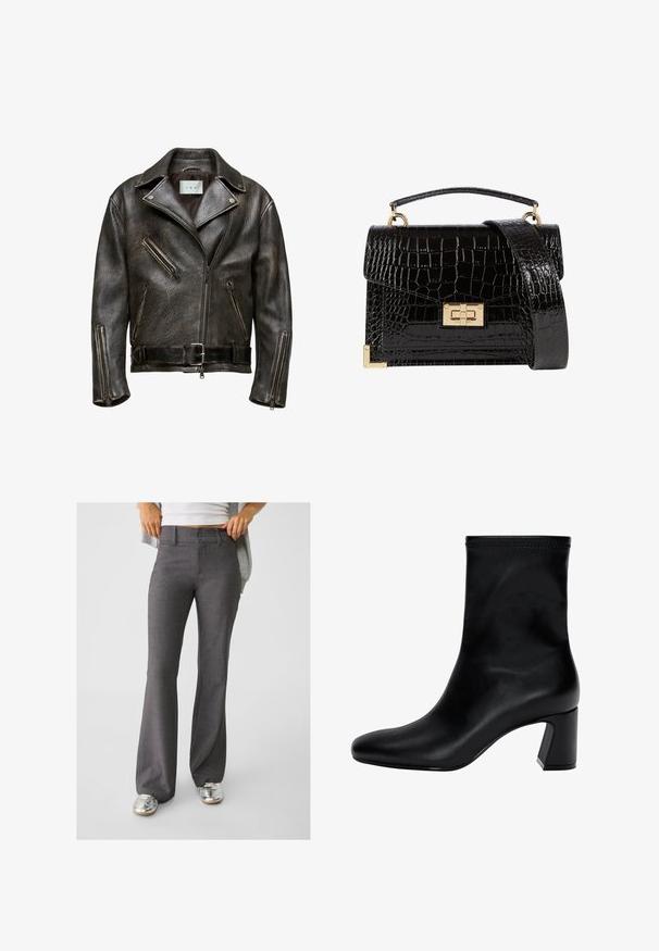 Brun læder bikerjakke med tekstureret finish, asymmetrisk lynlås og flere lynlåslommer; har en bælte i taljen og bred krave.; Sort polo skjorte med krave, korte ærmer, fem-knaps lukning, sidesplitter og et hvidt broderet logo på brystet.; Grå bæltet bukser lavet af tekstureret stof, med to-knaps lukning og bæltestropper, parret med skinnende sølv sneakers.; Sort ankelstøvle lavet af glat læder. Har en firkantet tå, elastisk kant og en kraftig hæl for stabilitet. Minimalistisk design.; Sort lakeret håndtaske med krokodillemønster, guldbeslag, en top-håndtag og en aftagelig skulderrem. Firkantet form med klaplukning.