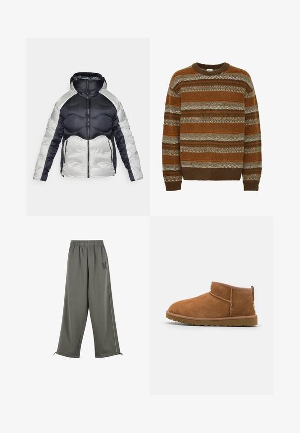 Péřová bunda v námořnické a stříbrné barvě s vysokým límcem, zipovým uzávěrem a prošívaným vzorem, se dvěma bočními kapsami a elegantním designem.; Solid SDMAXWELL - Svetr - slate black; Karl Kani KK OS SIDESTRIPE - Kalhoty - grey; Světlé semišové kotníkové boty s kulatou špičkou, jemnými švy a texturovanou gumovou podrážkou. Krátká výška bez šněrování.