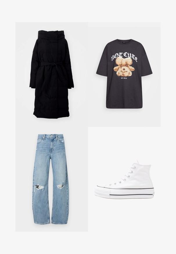 Piumino nero con cappuccio, cintura in vita, maniche lunghe e design trapuntato rettangolare. Texture liscia e lunghezza fino al ginocchio.; T-shirt nera oversize con una grafica di un orso e la scritta "NON CARINA MA SELVAGGIA" in grassetto, lettere bianche. Materiale in cotone.; Jeans azzurri chiari a vita alta realizzati in denim. Presentano gambe larghe, due aree strappate sulle ginocchia e il classico styling a cinque tasche.; Sneaker alta in tela bianca con suola in gomma nera, punta in gomma frontale e sei asole per i lacci, caratterizzata da un design pulito e minimalista.