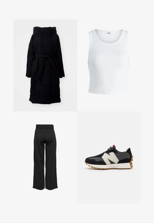 Melnā pūkainā jaka ar kapuci, jostas vietā, garām piedurknēm un taisnstūra izšuvumu dizainu. Gluda tekstūra un ceļgala garuma griezums.; Balts ribots topiņš ar apaļu kakla izgriezumu, bez piedurknēm un īsā garumā. Uz birkas ir rakstīts "JJXX." Gluda auduma tekstūra.; Melnas, platas bikses ar elastīgu jostu, izgatavotas no gludas auduma. Iespējamā tīra dizaina ar bez kabatām un redzamām šuvēm.; Melnas un pelēkas zamšādas sporta kurpes ar lielu krēmkrāsas "N" logotipu, purpura šņorēm un strukturētu gumijas zoli.