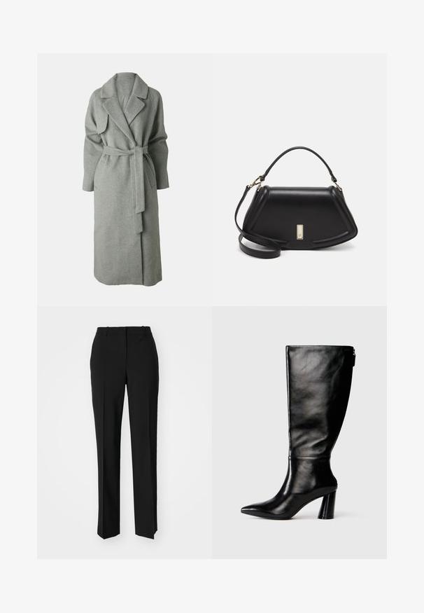 Abrigo envolvente de lana gris con cuello chal, mangas largas, cinturón para atar y bolsillos laterales. Textura suave y diseño hasta la rodilla.; Camiseta blanca de canalé con escote redondo y mangas de longitud hasta el codo. Fabricada con un material suave de textura lisa. Etiqueta visible en el escote.; Pantalones negros ajustados con un diseño de pierna recta, que presentan una textura suave y pliegues nítidos en el frente. Sin herrajes visibles.; Bota de cuero negro hasta la rodilla con punta afilada, textura suave y un tacón grueso. Presenta un detalle de cremallera en la parte de atrás.; Bolso de mano de cuero negro con un diseño estructurado, que presenta una forma recortada, asa superior y acentos en dorado. Correa de hombro ajustable incluida.