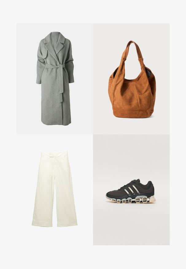 Palton din lână gri cu guler șal, mâneci lungi, centură și buzunare laterale. Textură moale și design până la genunchi.; Țesătură de bumbac neagră cu o textură netedă și un guler rotund, având un model de granulație subtil și uniform. Fără logo-uri sau accente vizibile.; Pantaloni larga dintr-un material moale, crem. Prezintă un brâu plat și mansete rulate. Textură netedă cu un design curat și minimalist.; Pantof cu aspect sport de culoare neagră, cu un superior texturat, trei dungi argintii și o talpă de amortizare distinctivă, ce prezintă multiple secțiuni integrate.; Geantă de umăr din suede maro, cu o textură moale, formă curbată și două mânere. Prezintă un design minimalist, fără hardware sau accente vizibile.