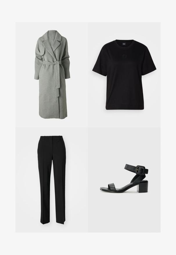 Γκρι παλτό από μάλλινη ύφανση με σιφόν επιφάνεια, μακριά μανίκια, ζώνη για δέσιμο και πλευρικές τσέπες. Μαλακή υφή και σχέδιο μέχρι το γόνατο.; Μαύρο βαμβακερό μπλουζάκι με στρογγυλή λαιμόκοψη, κοντά μανίκια και κεντημένο λογότυπο στο στήθος. Απλή, χαλαρή γραμμή χωρίς σχέδια.; Μαύρο παντελόνι με ραφή που έχει σχεδιασμό ίσιας γραμμής, διαθέτει λεία υφή και καθαρές πτυχώσεις κατά μήκος της μπροστινής πλευράς. Χωρίς ορατό μεταλλικό υλικό.; Μαύρη δερμάτινη σάνταλη με τακούνι και ρυθμιζόμενο λουράκι αστραγάλου, ανοικτή μύτη και τετράγωνο μαύρο τακούνι. Λείο υλικό, μινιμαλιστικό στυλ.