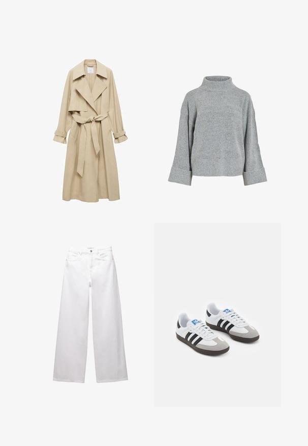Beige trench coat med dobbeltbrystet design, store revers, bælte i taljen og oprullede ærmer. Fremstillet af blødt, glat stof.; Grå strikket sweater med høj krave, brede ærmer og struktureret stof. Har en afslappet pasform og ribbede detaljer ved ærmekanterne og nederste kant.; Hvide brede ben jeans lavet af denim. Har knaplukning, front- og baglommer samt syede sømme. Glat tekstur med minimal detaljering.; Sportsko med en overdel i hvid læder, grå ruskind på tåen og tre sorte striber. Har et blåt logo på tungen og en struktureret gummisål.